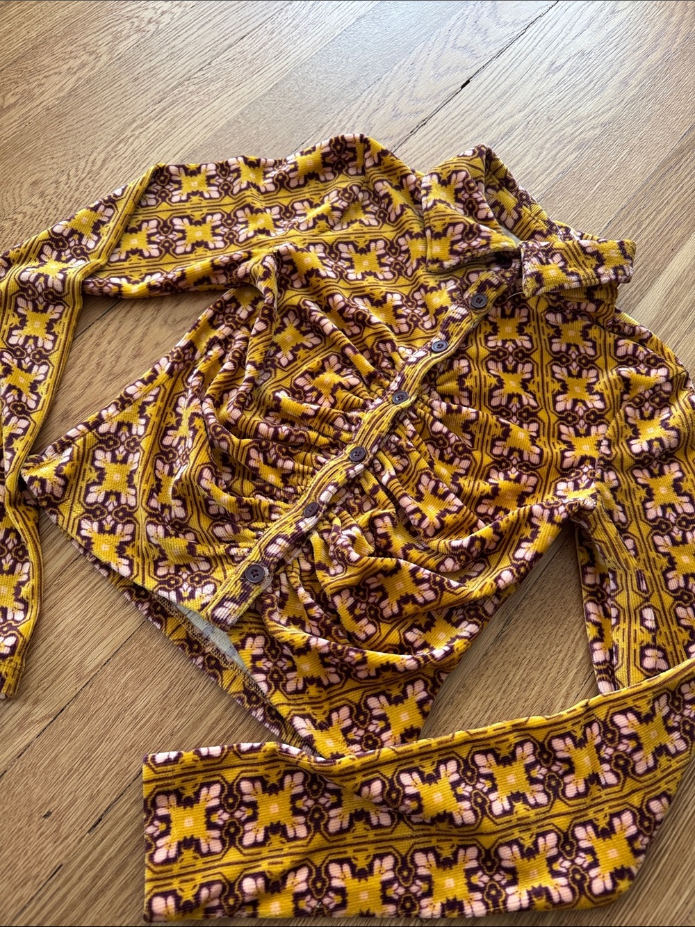 SO Yellow and Brown Patterned Button-Up Top with Pink Accents